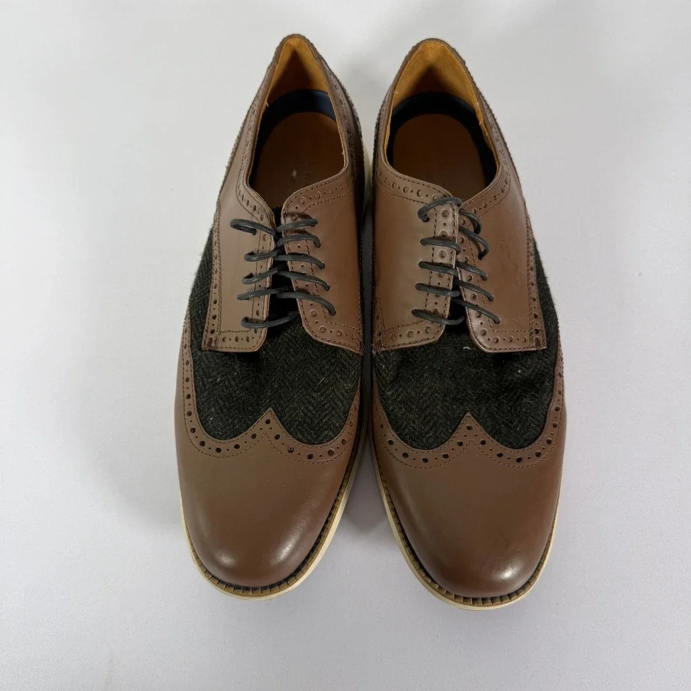 Cole Haan Grand OS Wingtip Oxford Mens 10.5W Brown Leather Wool Tweed C21688